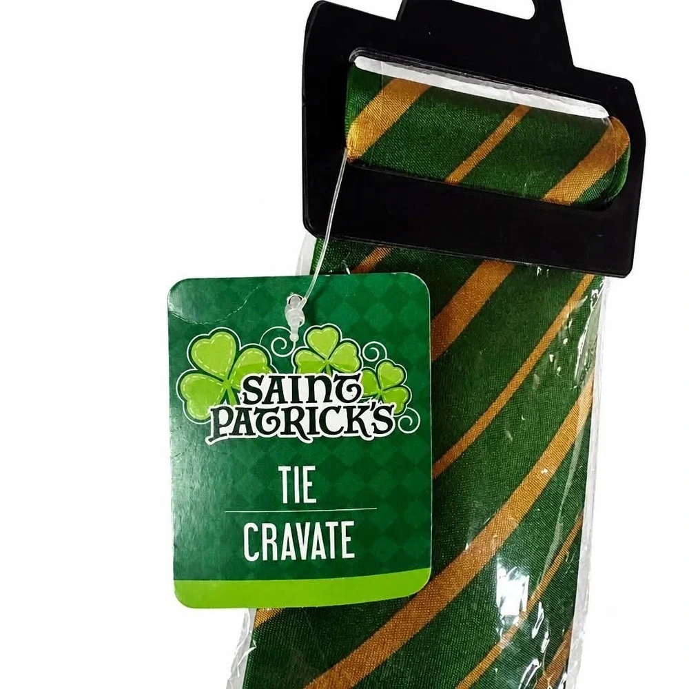 NWT St Patricks Day Tie Mens Green Gold Diagonal Striped Irish Cravate Necktie